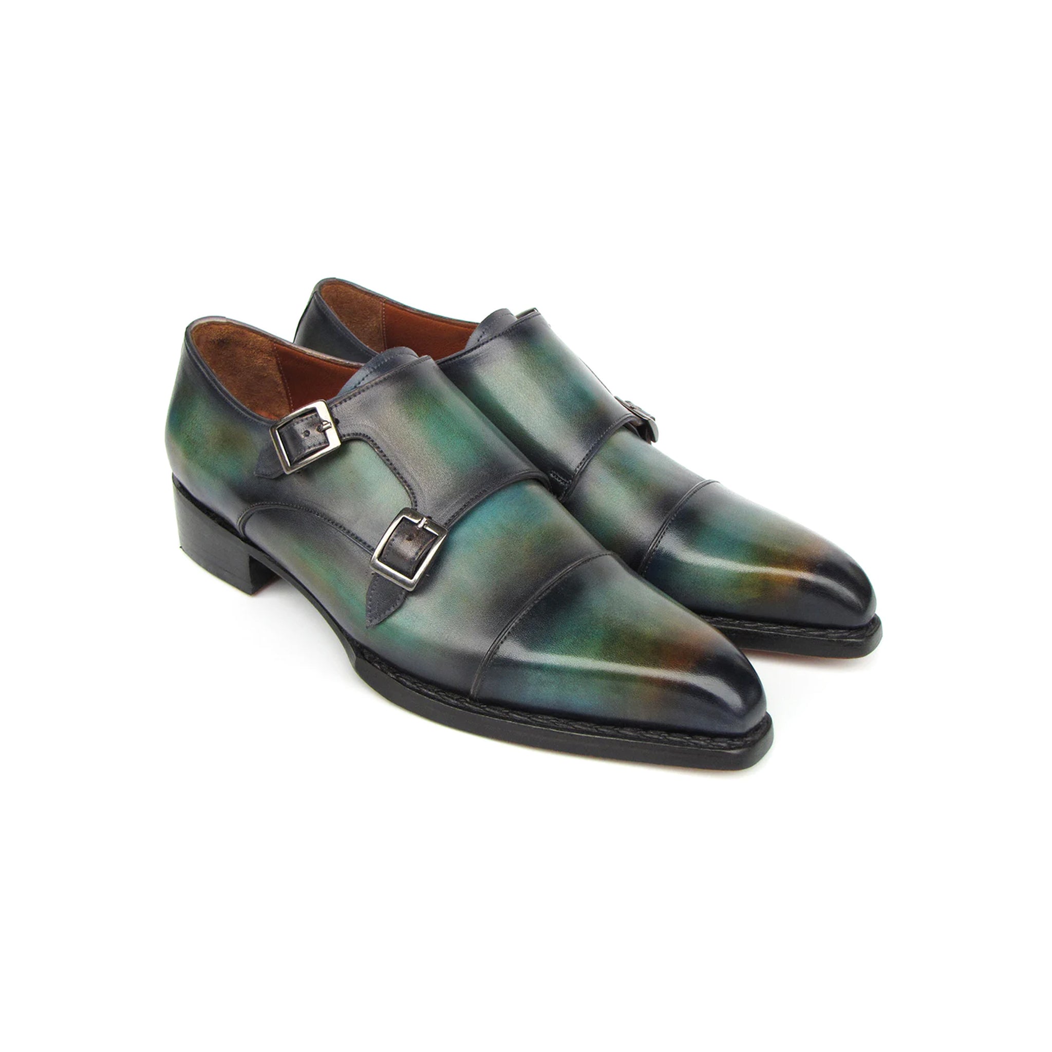 Men's Cap Toe Double Monkstrap Shoes Green & Blue Patina