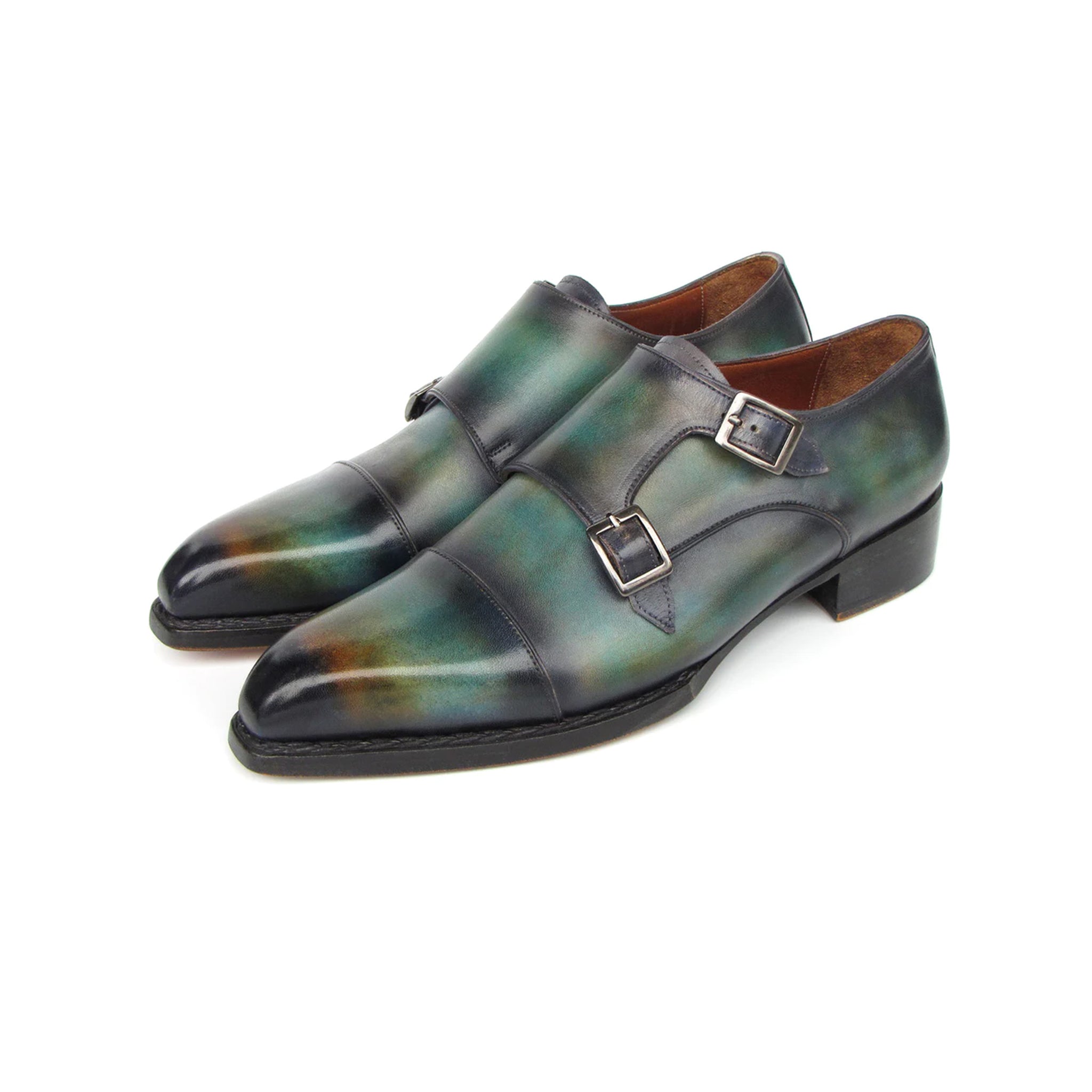 Men's Cap Toe Double Monkstrap Shoes Green & Blue Patina