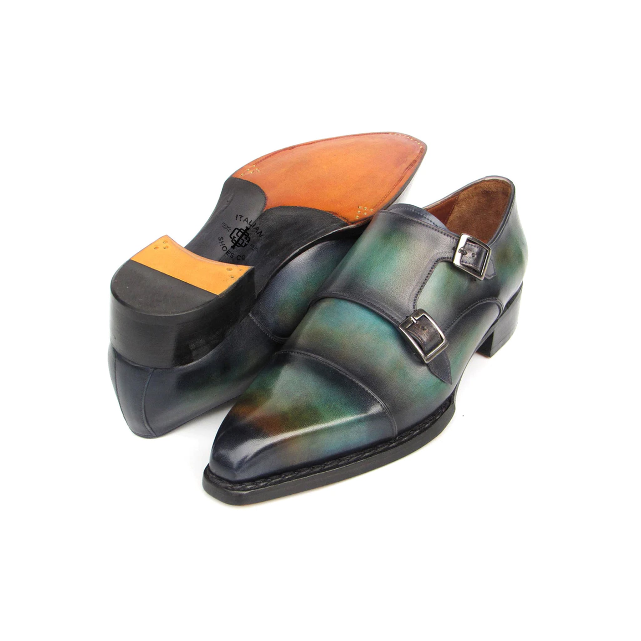 Men's Cap Toe Double Monkstrap Shoes Green & Blue Patina