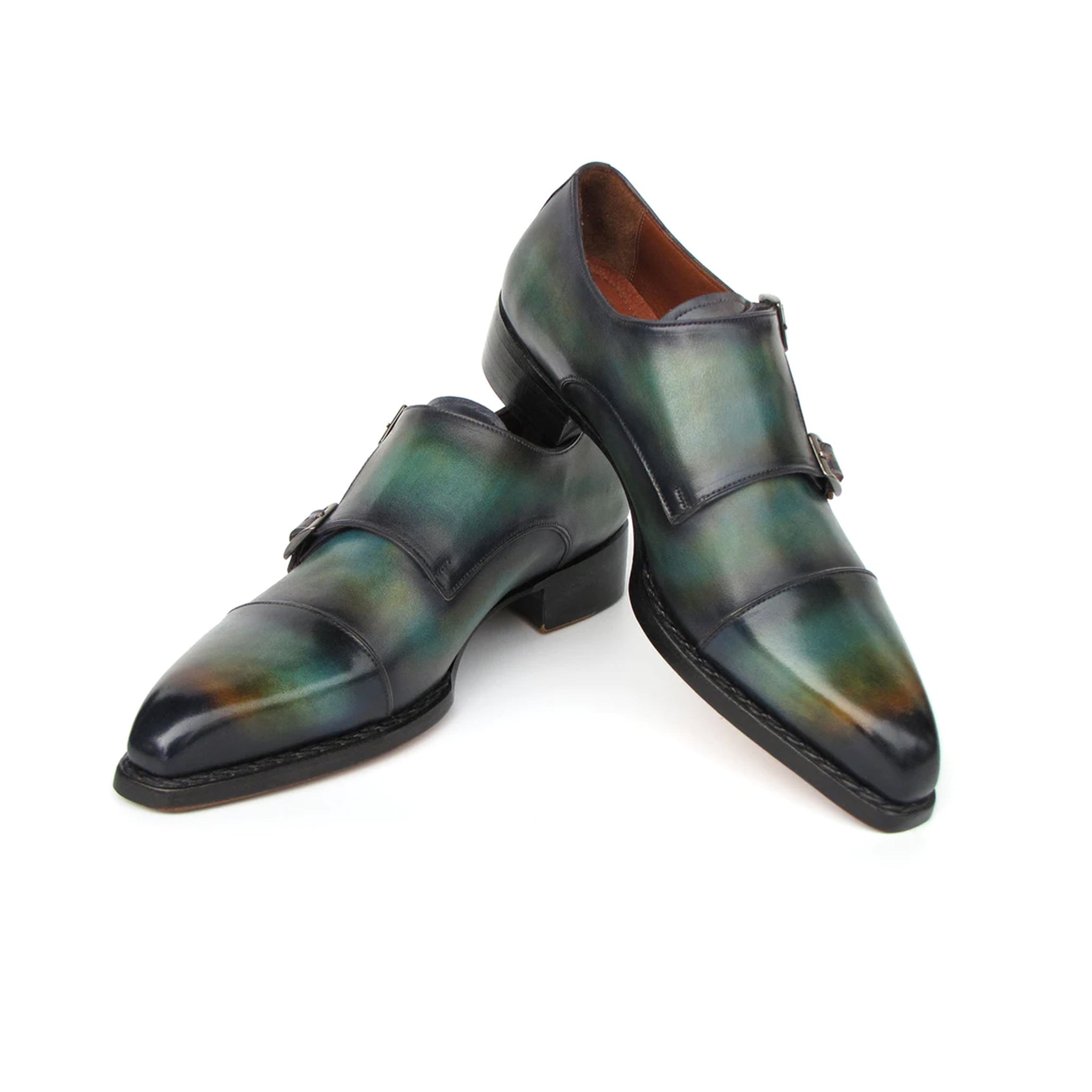 Men's Cap Toe Double Monkstrap Shoes Green & Blue Patina