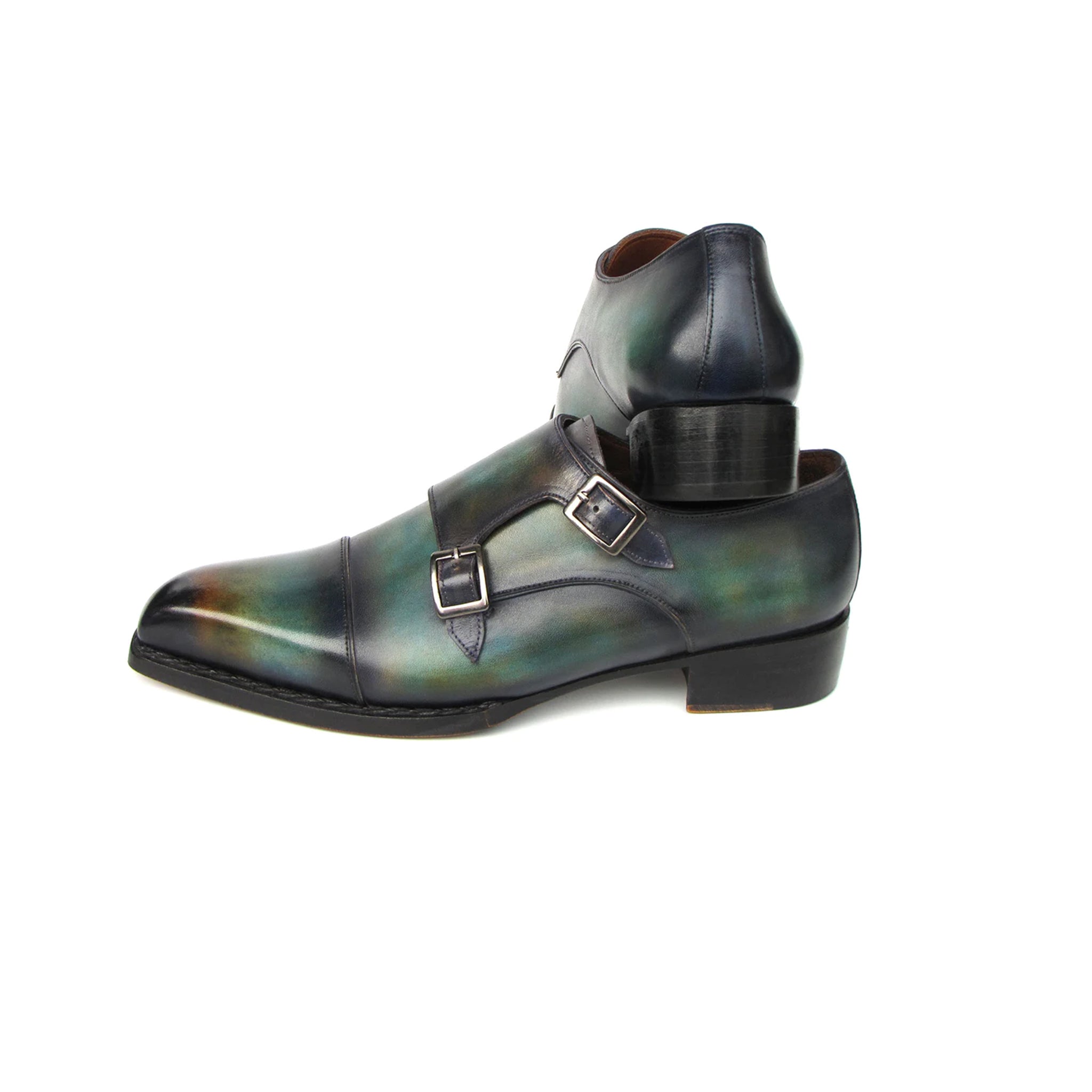 Men's Cap Toe Double Monkstrap Shoes Green & Blue Patina
