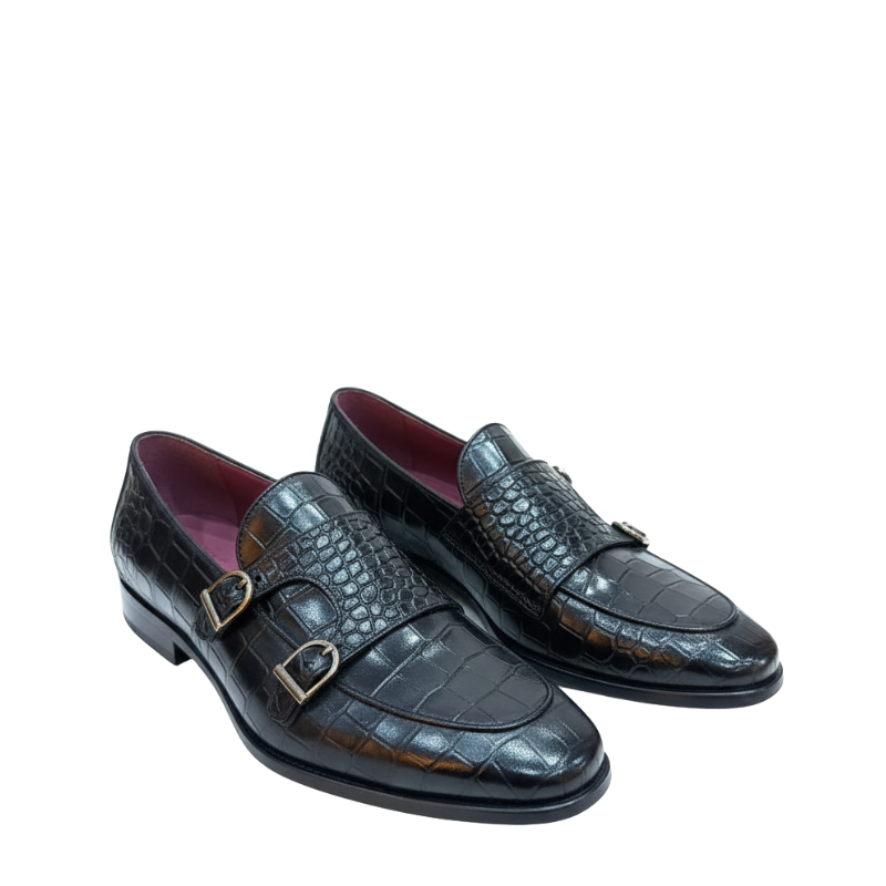 Obsidian Croco Double Monk Loafers