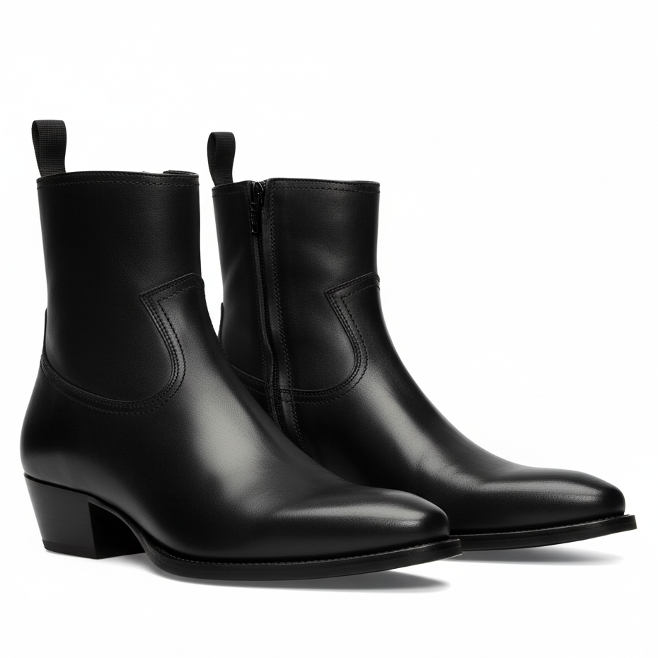 Side Zip Western Boot - Black Hand-Dyed Leather