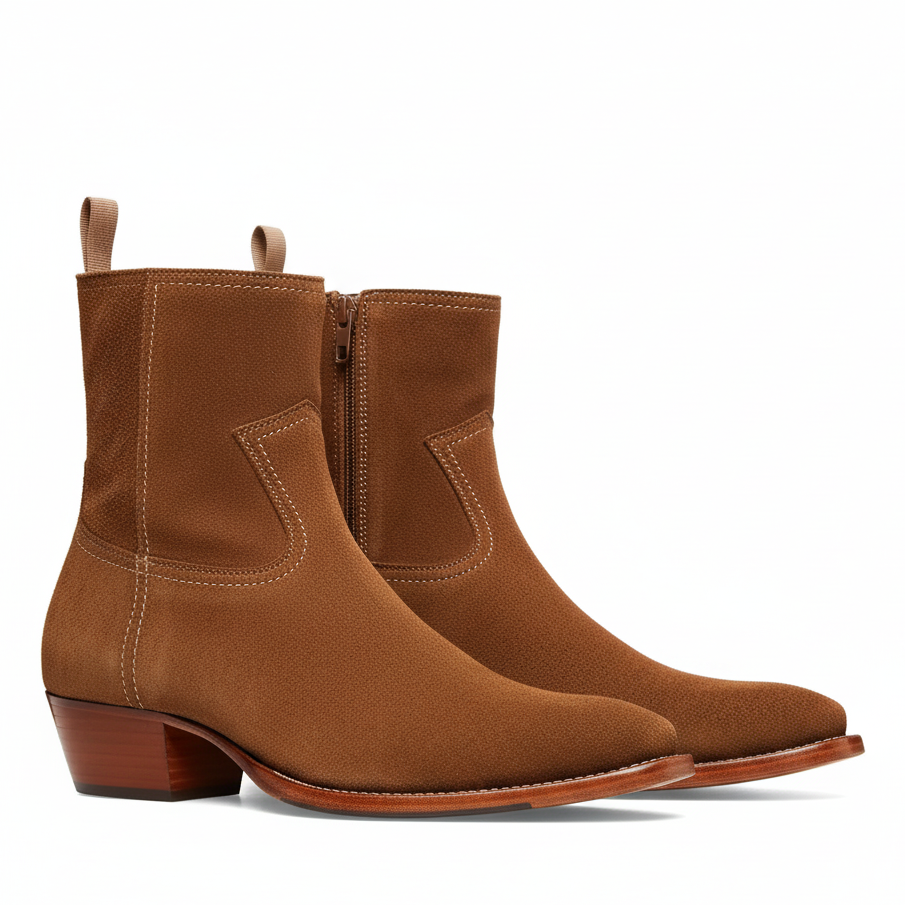 Side Zip Western Boot - Nut Suede Leather