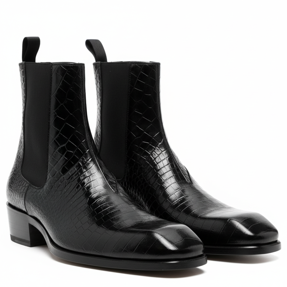 Croco Textured Leather Black Men's Boots