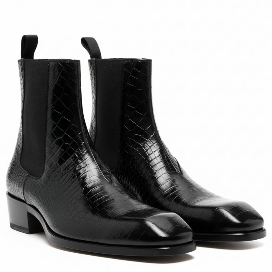 Croco Textured Leather Black Men's Boots
