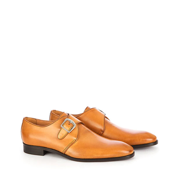 Handmade Shiny Leather Single Monk Straps Tan Shoe