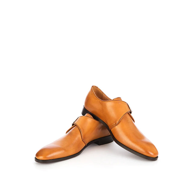 Handmade Shiny Leather Single Monk Straps Tan Shoe