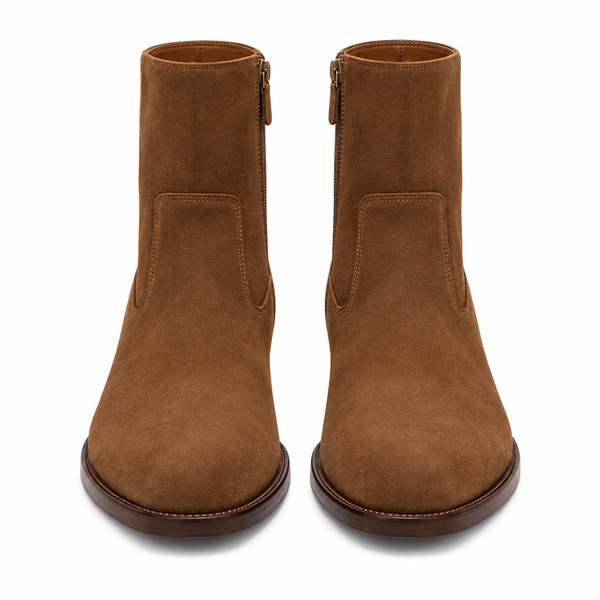 Italian Craft Side Zipper Suede Leather Stacked Heel Boot