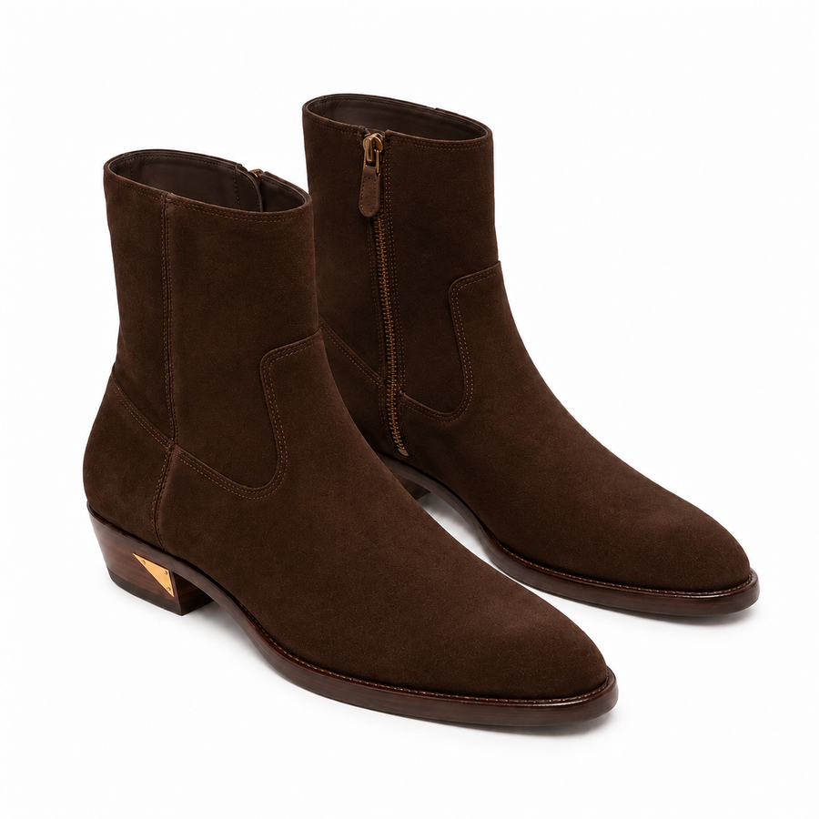 Italian Craft Side Zipper Suede Leather Stacked Heel Boot
