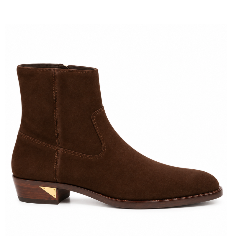 Italian Craft Side Zipper Suede Leather Stacked Heel Boot