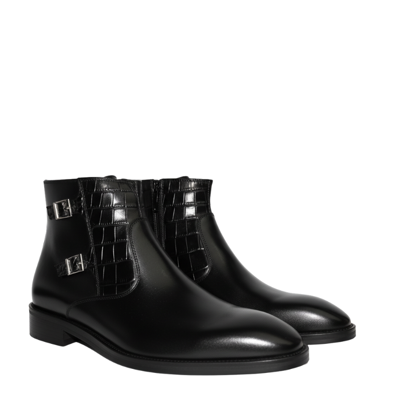 Italian Croc Panel Buckle Zipper Boots