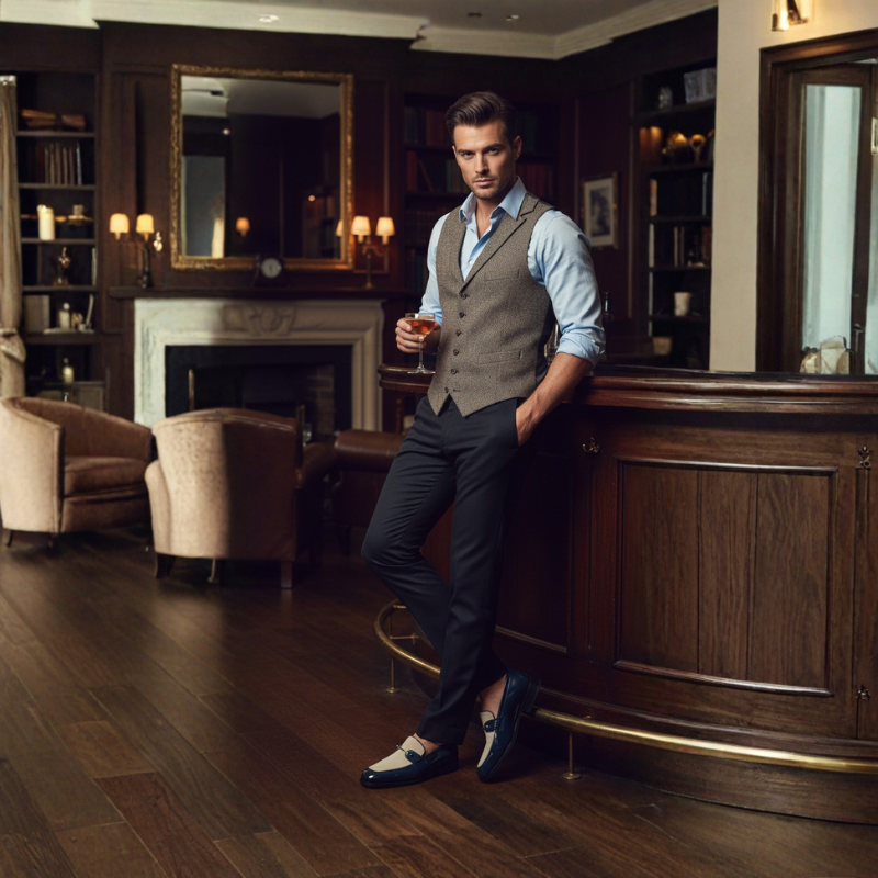 Italian Dual Tone Houndstooth Metallic Bar Loafers