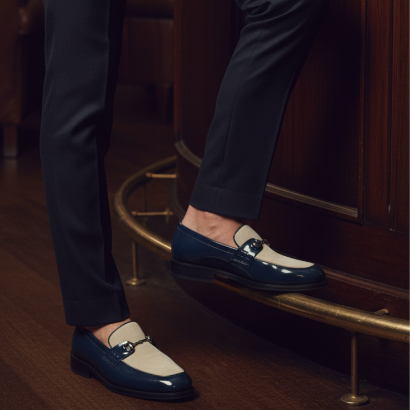 Italian Dual Tone Houndstooth Metallic Bar Loafers