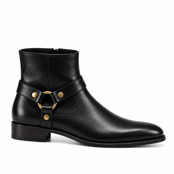 Italian Leather Ankle Boots With Harness Heritage Detailing - Black