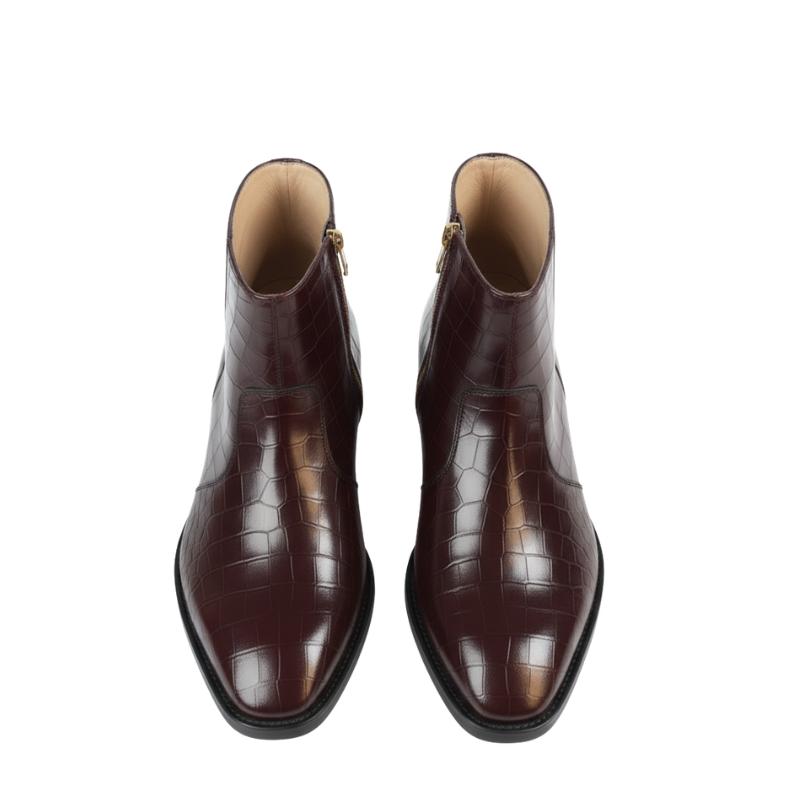 Italian Leather Croc Zip Ankle Boots