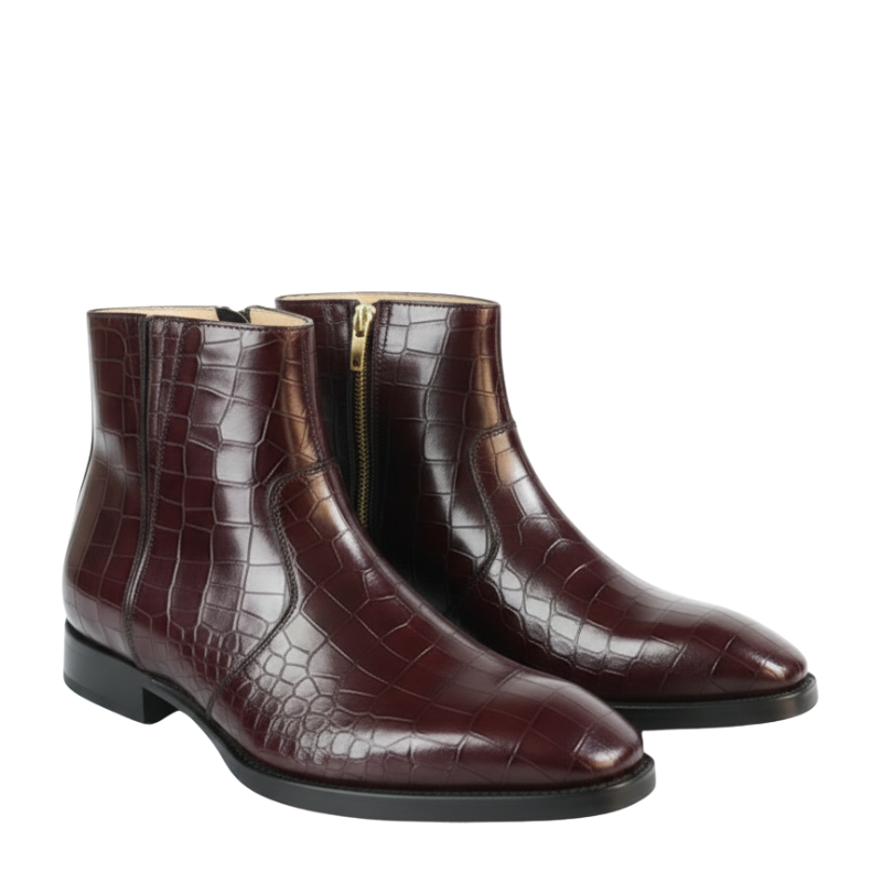 Italian Leather Croc Zip Ankle Boots