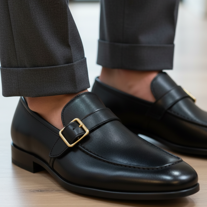 Italian Luxury Buckle Strap Leather Loafers