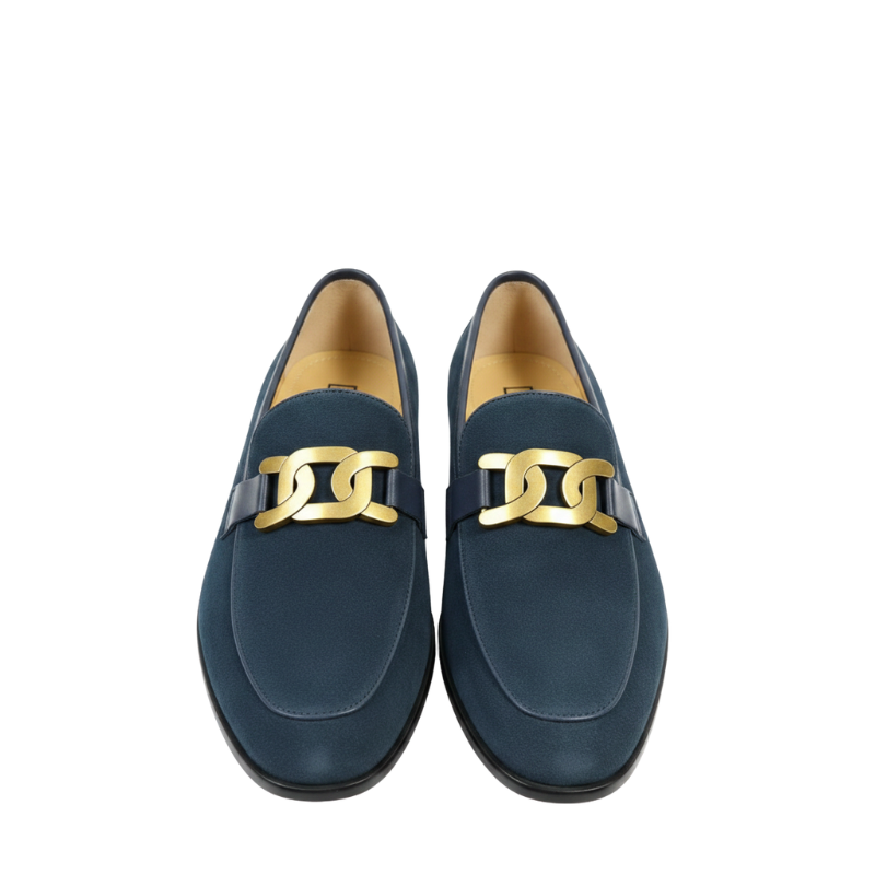 Italian Suede Golden Chain Strap Horsebit Loafer
