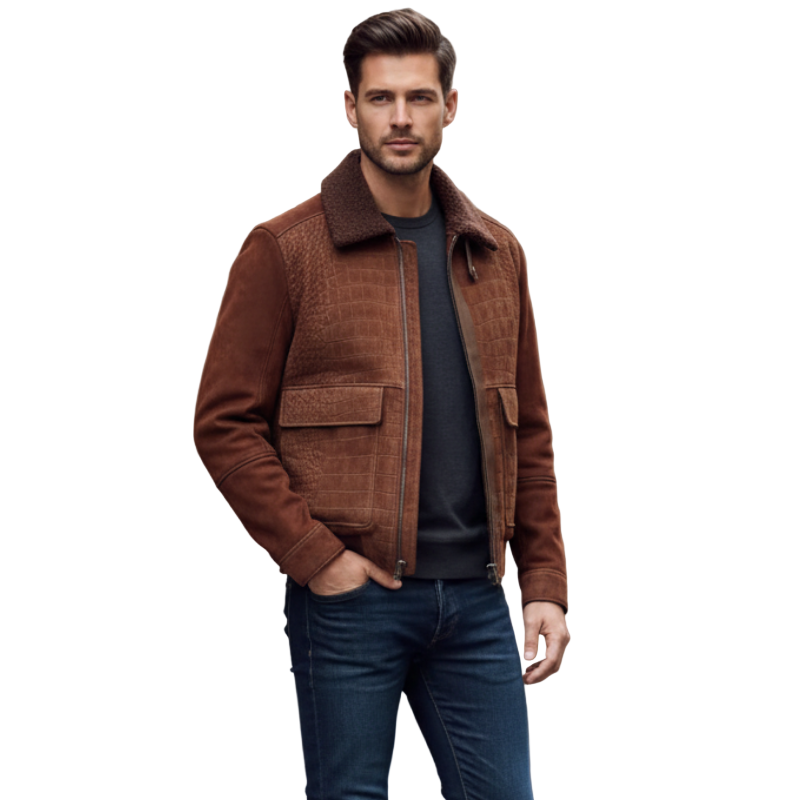 Luxury Rust Croc Shearling Bomber Jacket