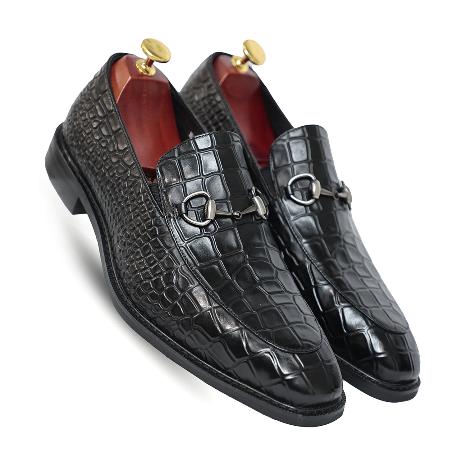 Black Horse Bit Croco Slip On Loafers