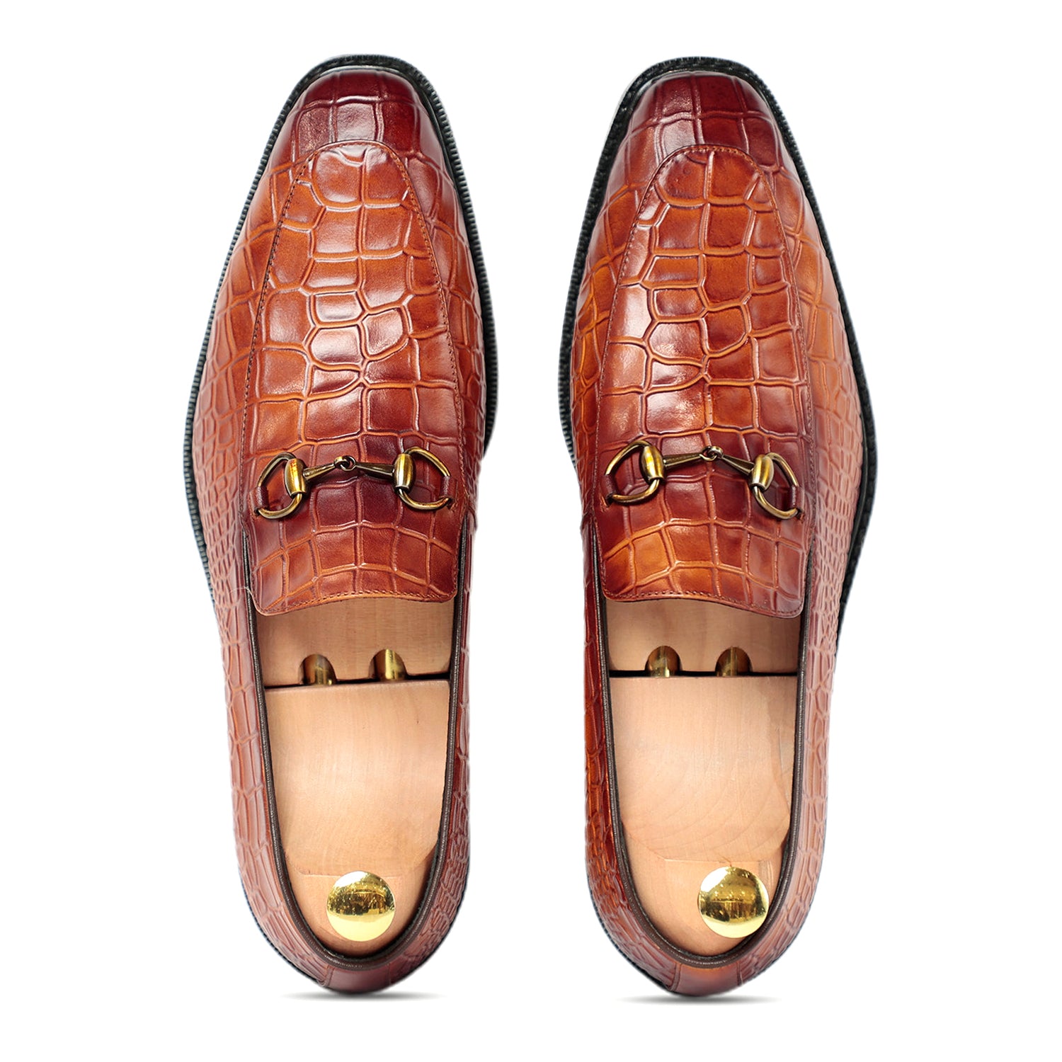 Brown Horse Bit Croco Slip On Loafers
