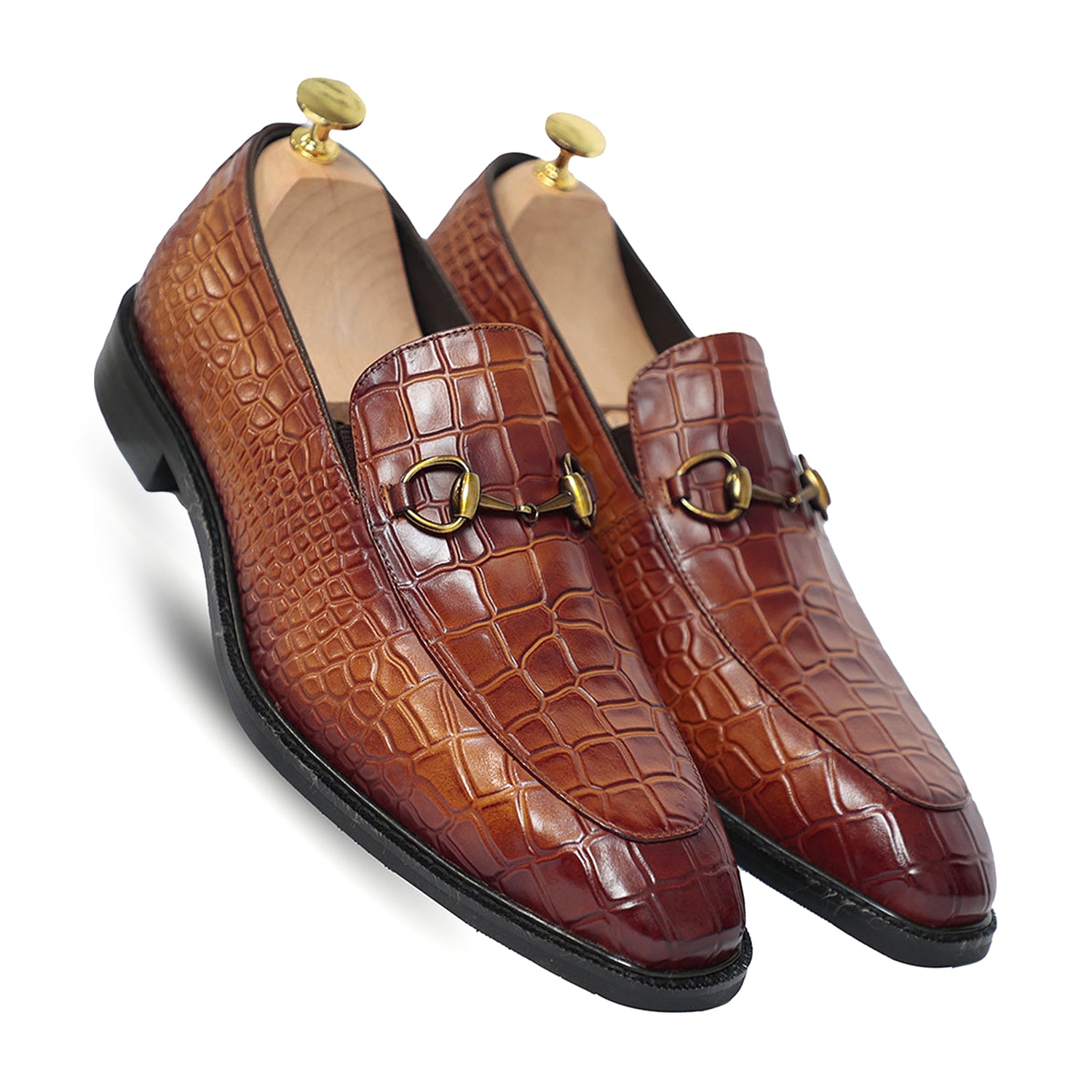 Brown Horse Bit Croco Slip On Loafers