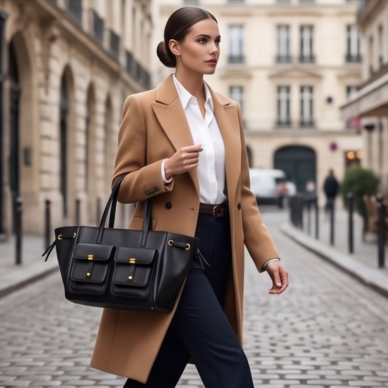 Luxury Elegant Double Pocket Leather Tote Bag
