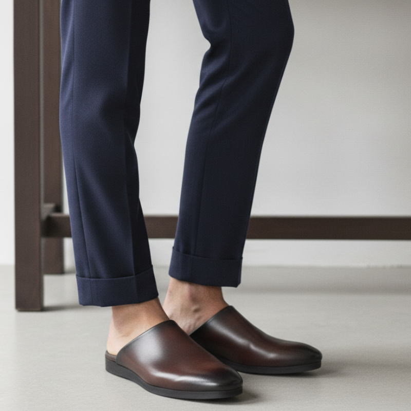 Men Striped Slip On Leather Slippers