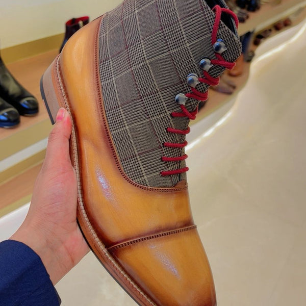 Mens Leather Tan Plaid Ankle Boot