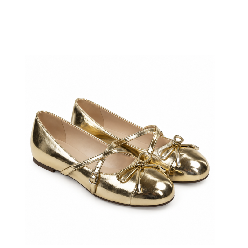 Metallic Bow Strap Ballet Flats