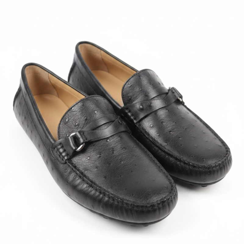 Ostrich‑pattern Textured Italian Leather Loafers