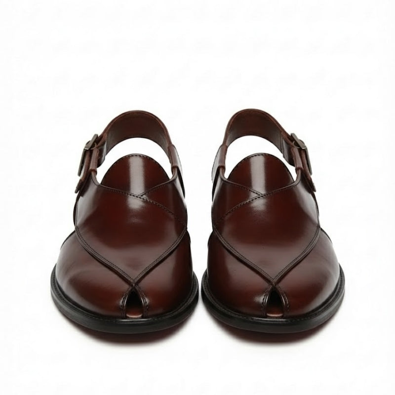 Polished Leather Cross-Strap Peshawari Sandals