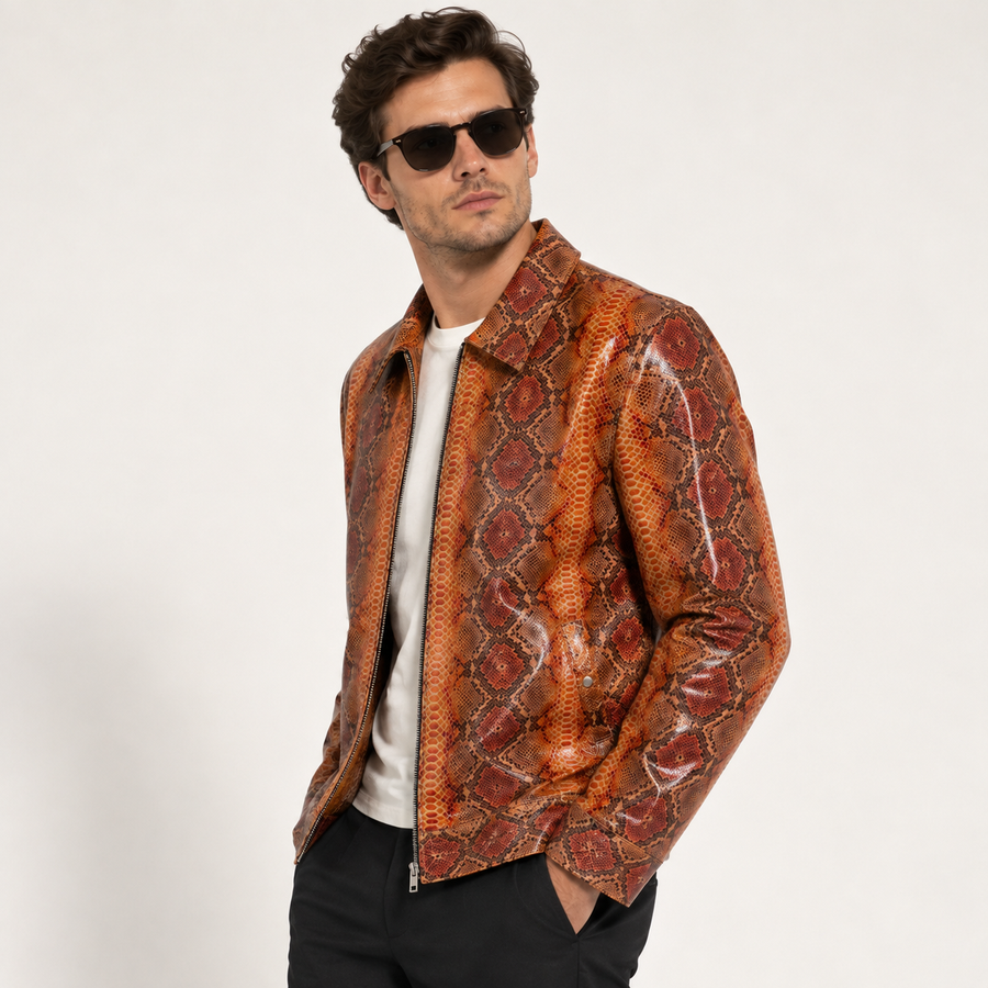 Python Embossed Leather Zip Jacket