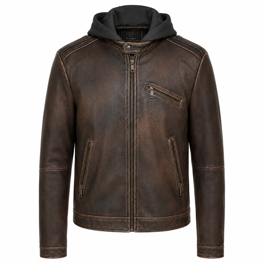 Ravenhide Vintage Hooded Leather Racer Jacket