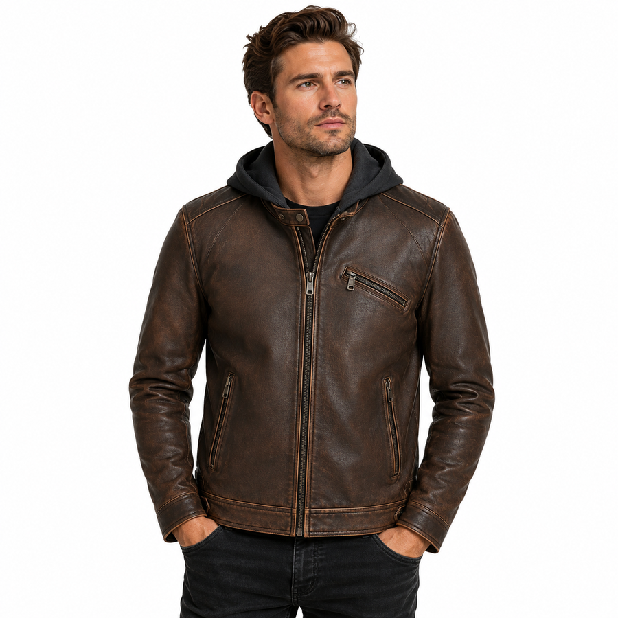 Ravenhide Vintage Hooded Leather Racer Jacket