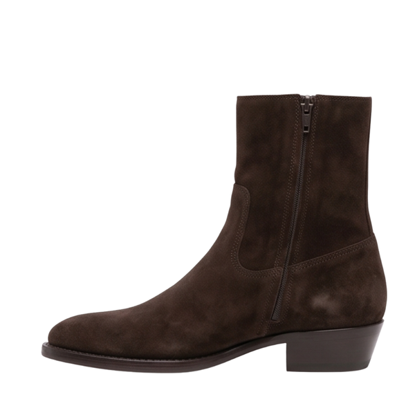 Side Zipper Western Suede Leather Stacked Heel Boot