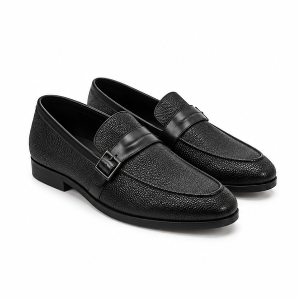 Torino Noir Textured Leather Buckle Loafers