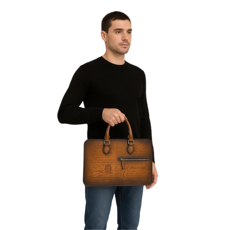 Luxury Handcrafted Printed Leather Brown Briefcase