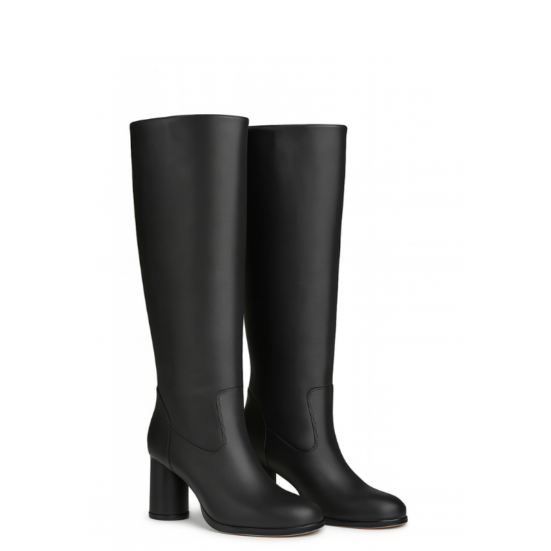 Women's Leather Solid Block Heel Long Boots