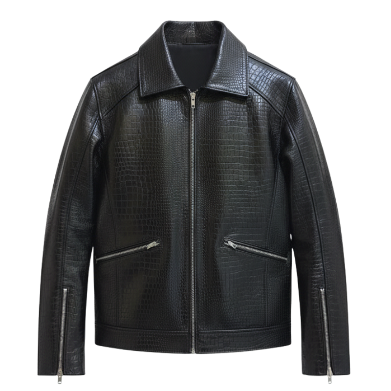 Croco Embossed Leather Zip Jacket