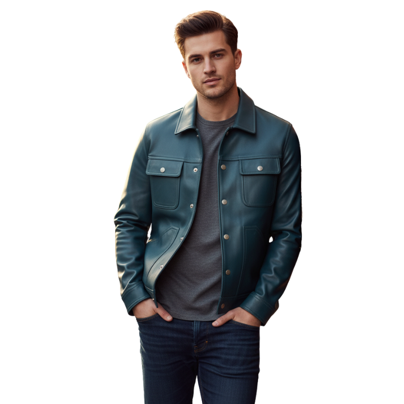 Classic Teal Leather Trucker Jacket