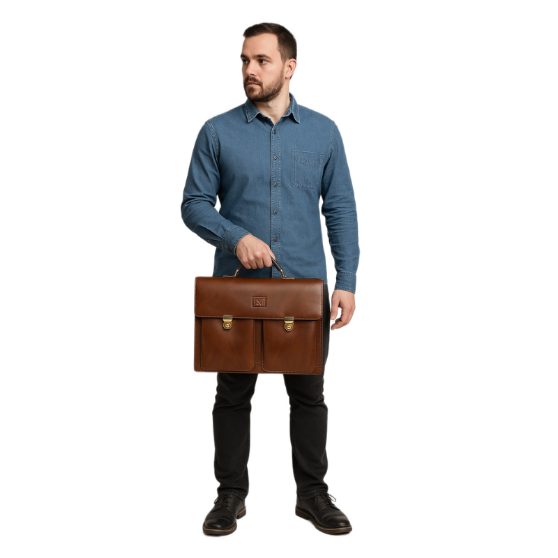 Luxury Plain Leather Brown Duetto Briefcase