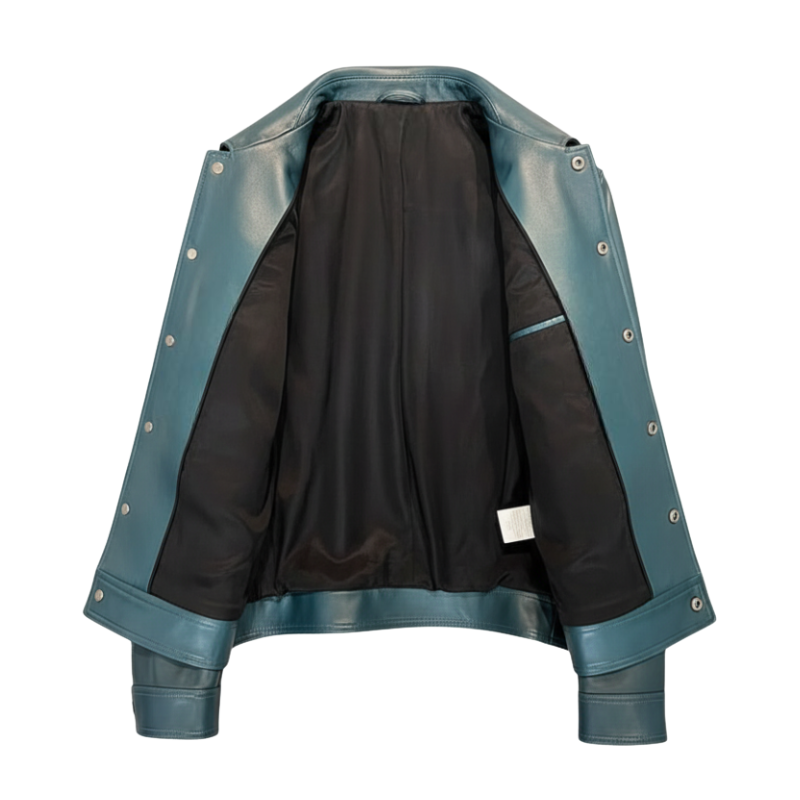 Classic Teal Leather Trucker Jacket