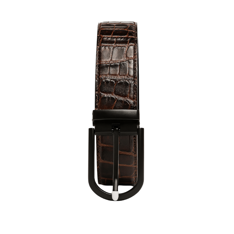 Croco Leather Dark Brown Strap Belt with Black Reversible Buckle Closure