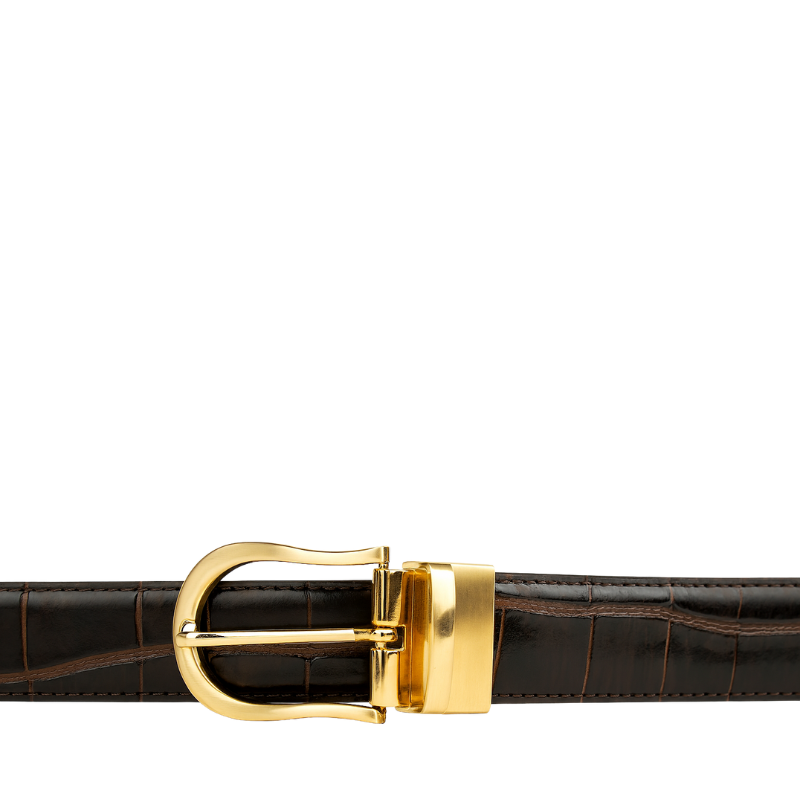 Croco Textured Leather Burgundy Strap Belt with Golden Reversible Buckle Closure