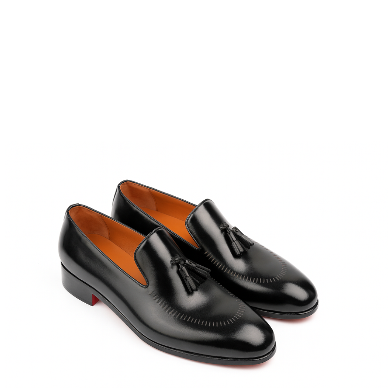 Luxury Leather Black Wingtip Tassel Loafer for Men's