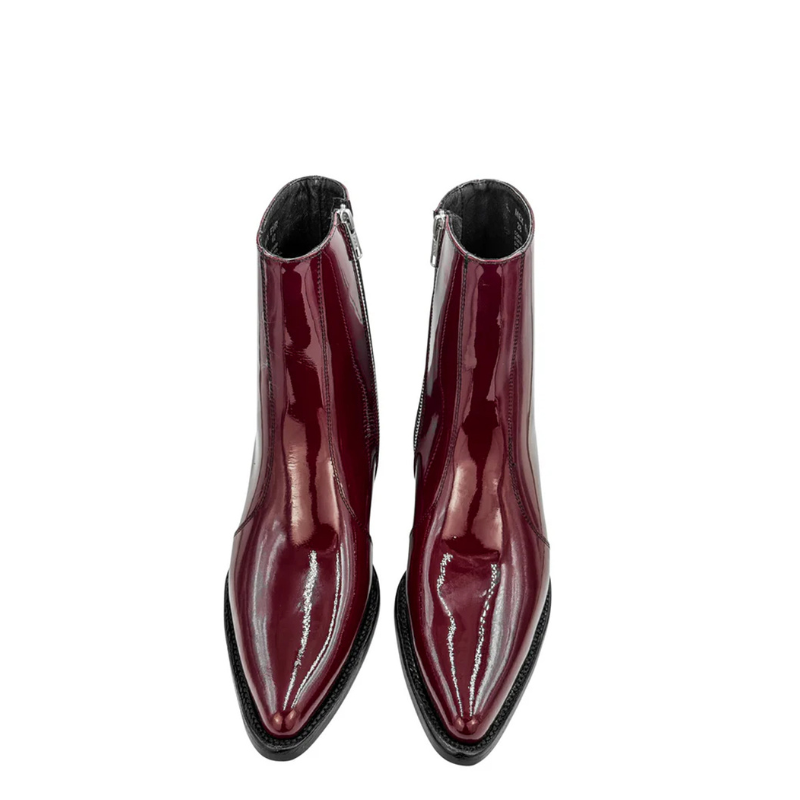 Patent Leather Wine Pointed-toe Side Zipper Ankle Boot