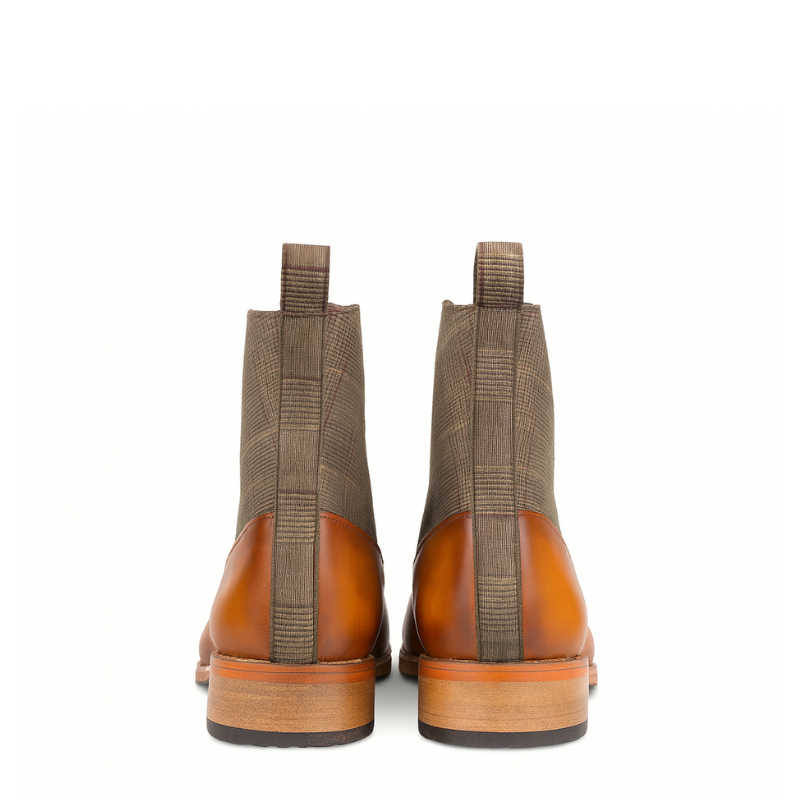 Mens Leather Tan Plaid Ankle Boot