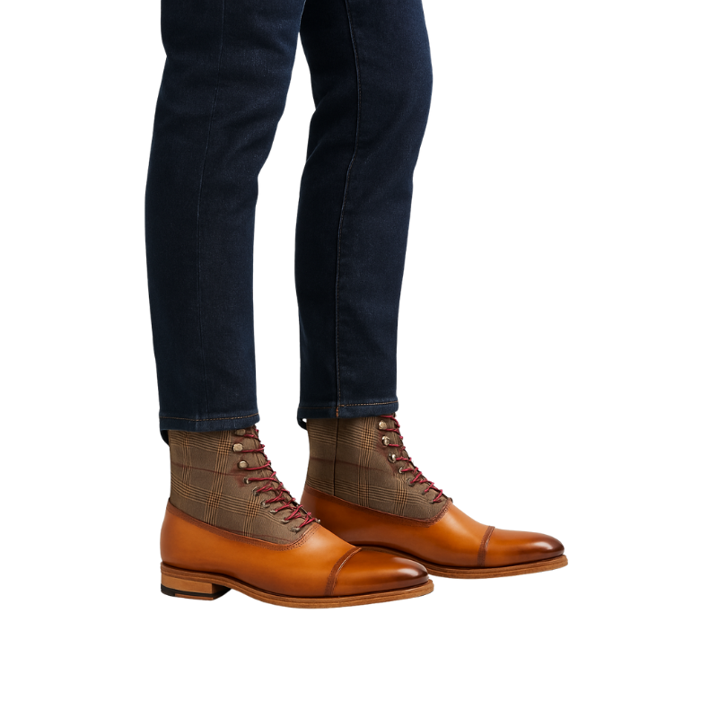 Men's Leather Tan Plaid Ankle Boot